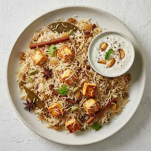 Paneer Yakini Pulao With Roasted Garlic Yoghurt